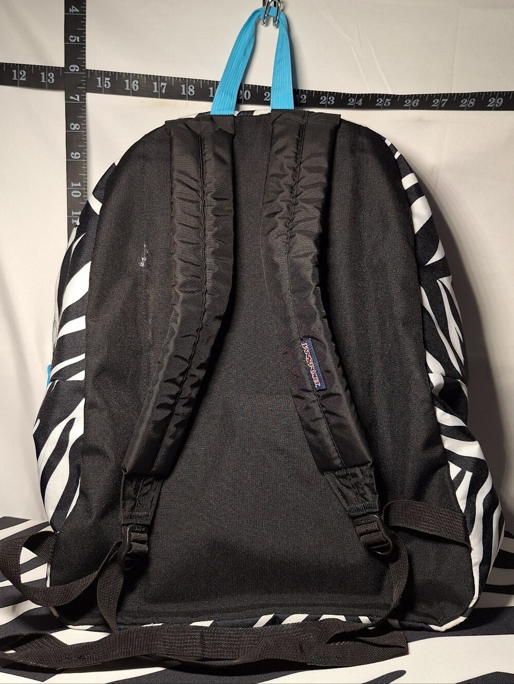 Jansport Backpack, Zebra Stripes, Black & White w/Blue Accents - Picture 12 of 16